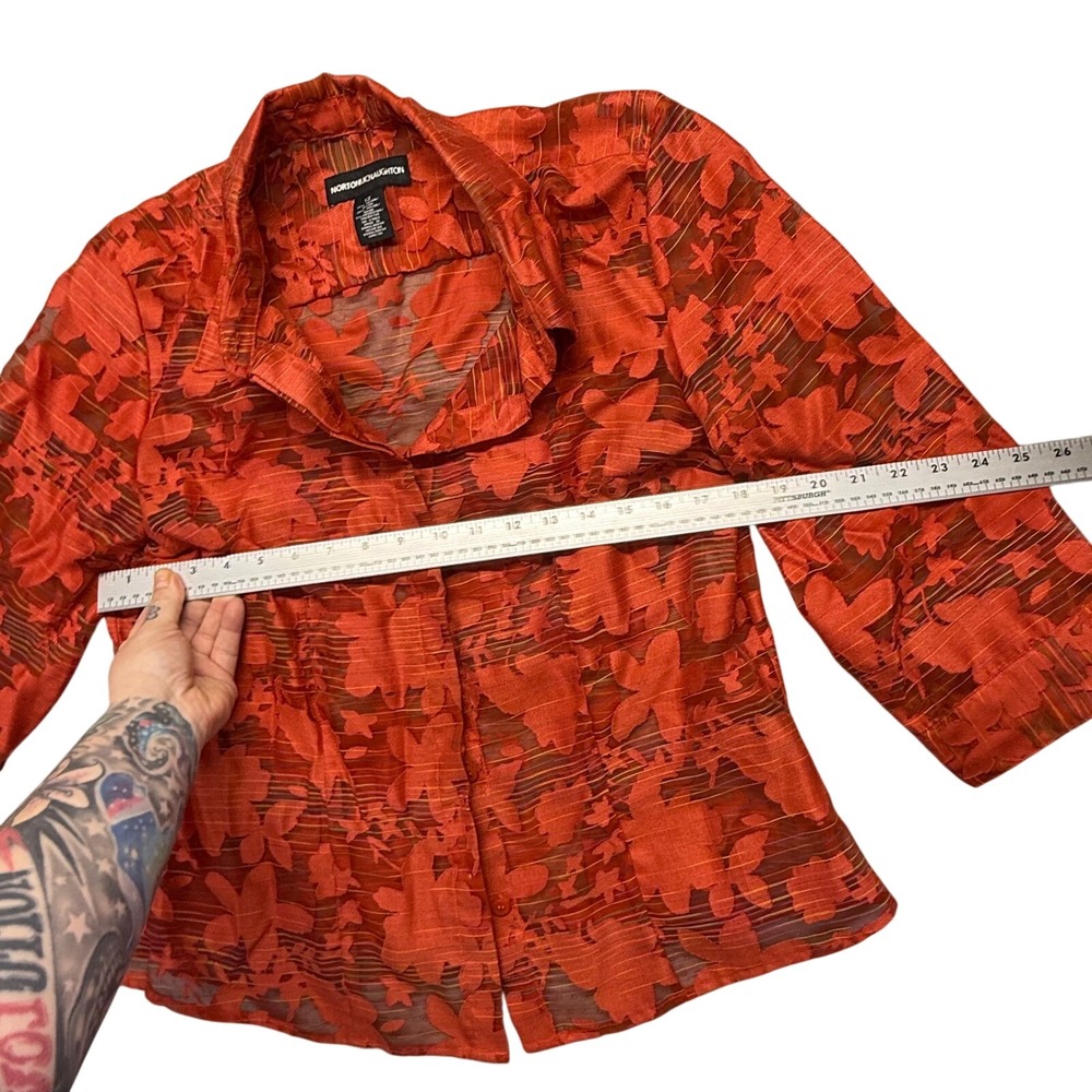 Norton McNaughton Blouse Women 12 Orange Floral Sheer 3/4 Sleeve Spring Top - Picture 5 of 6